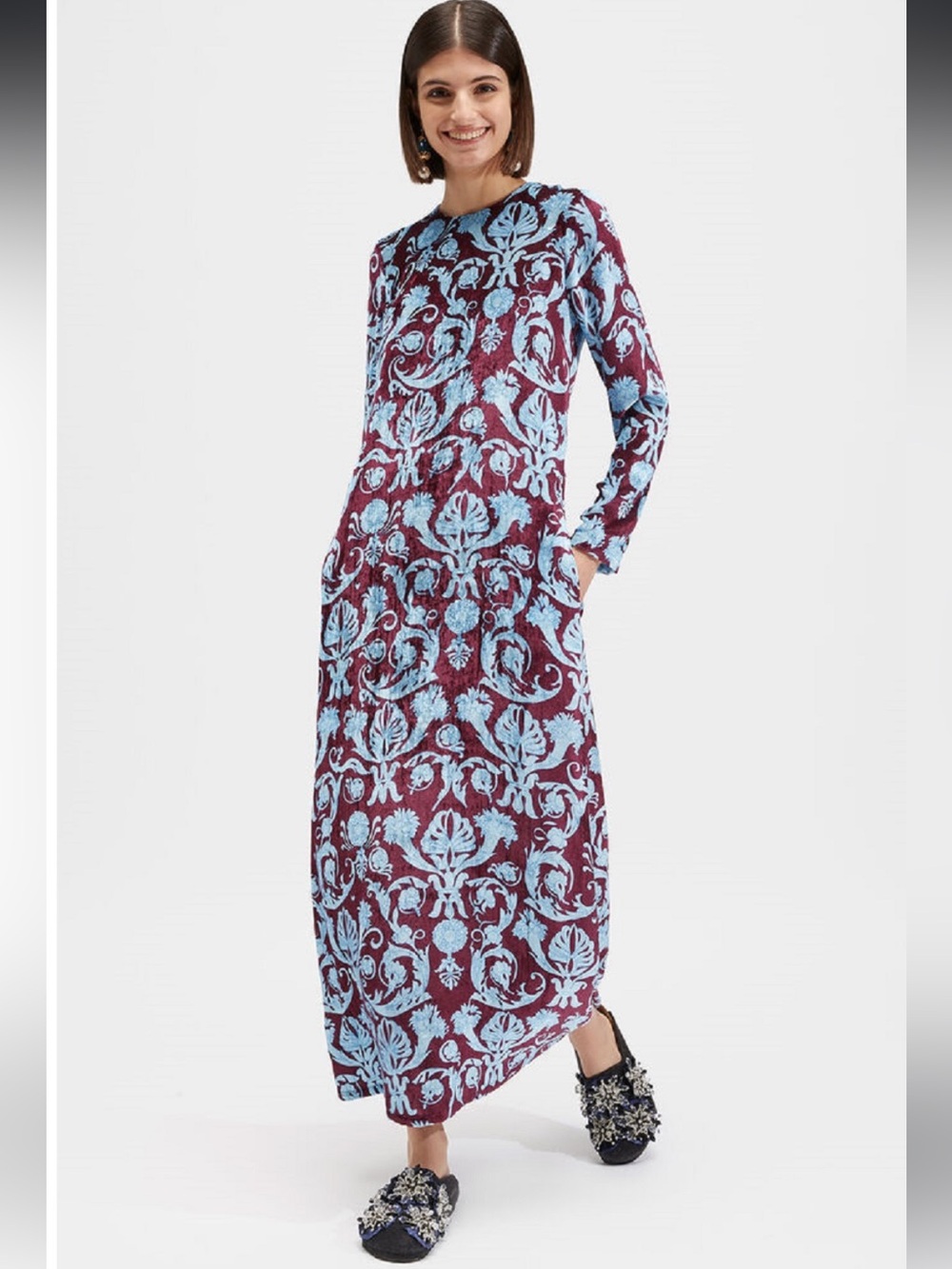 La DOUBLE J Long Sleeve Silk Swing Dress in Velvet Brocade Sz M